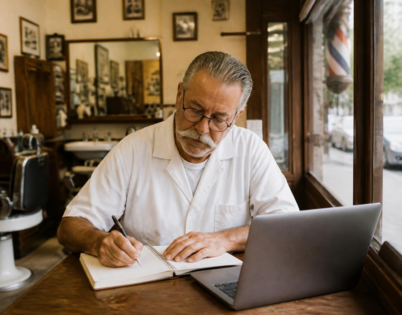 A barber shop owner writing appointments in a notebook beside a laptop