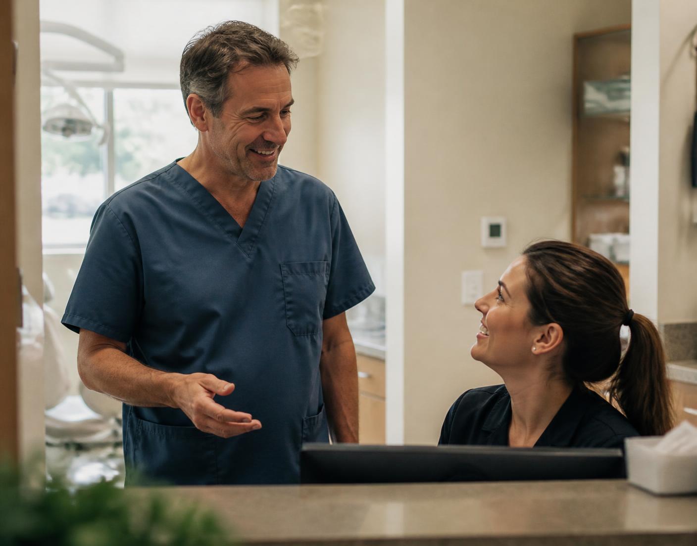 A dentist and his receptionist talking at the front desk of a small practice