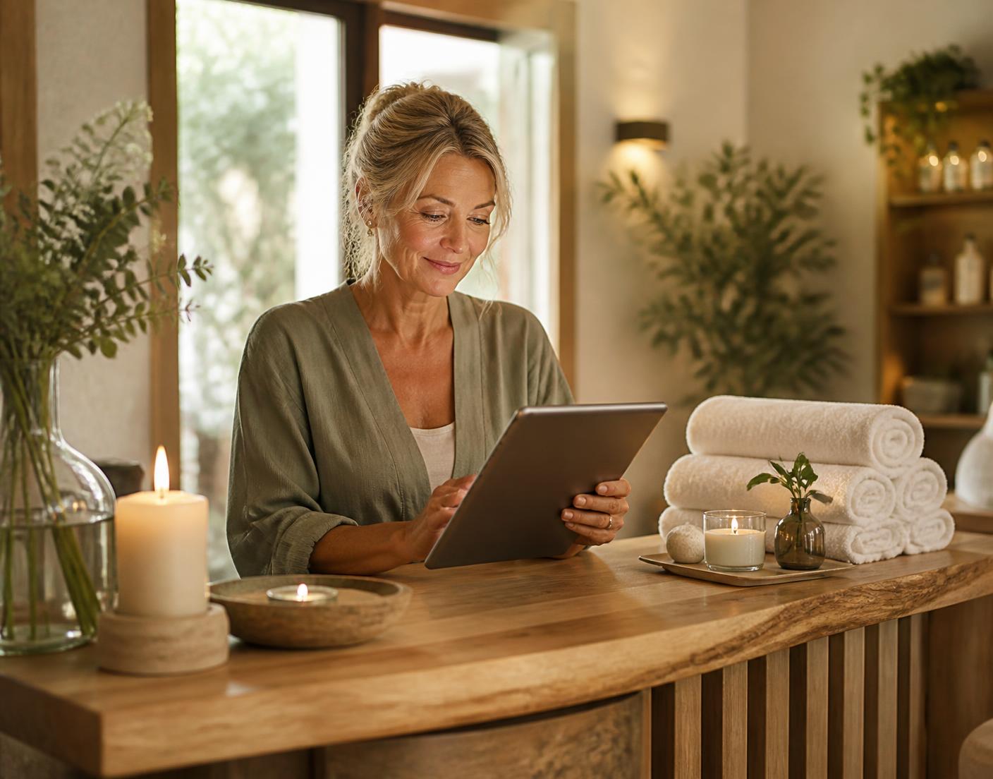 A day spa owner checking her schedule on a tablet at the reception desk