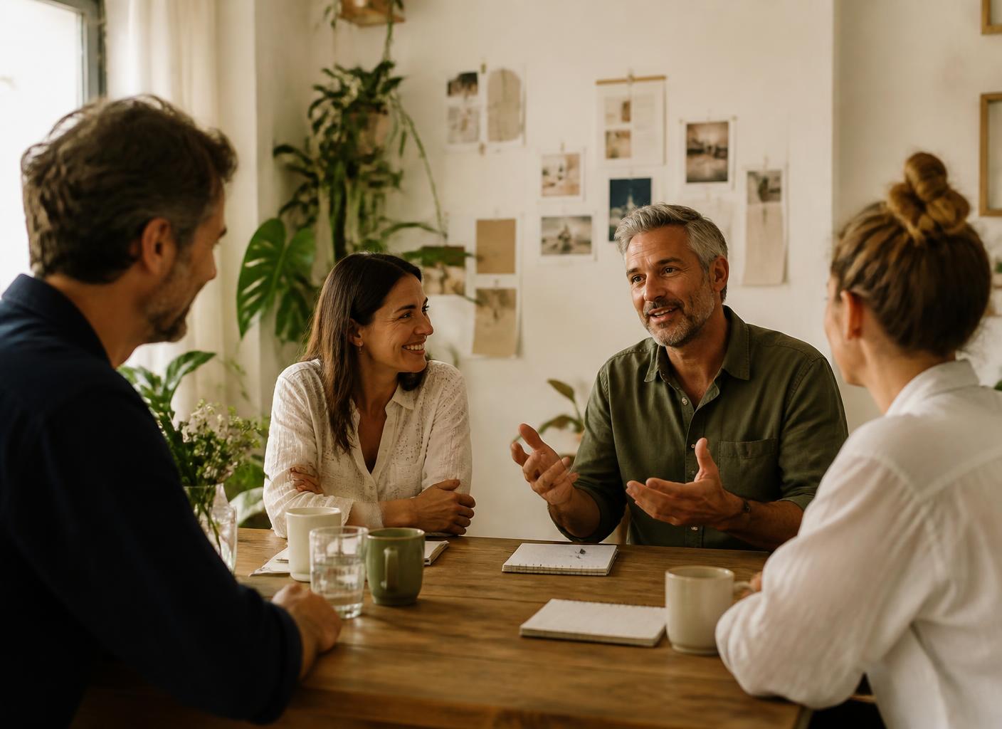 A small, friendly team talking things through around a table with notebooks and coffee