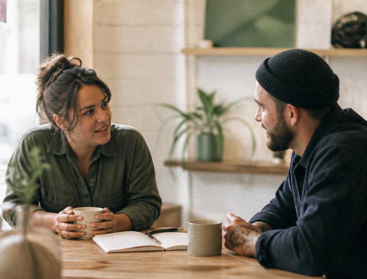Two business owners talking over coffee with a notebook open